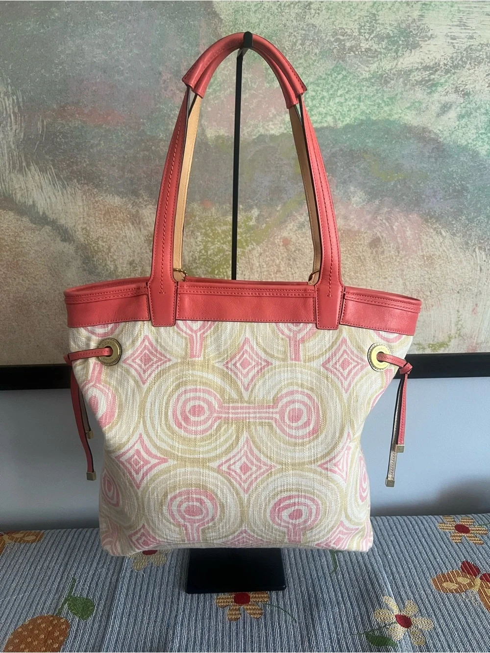 Coach Audrey Signature OP‎ Art Leigh Tote Bag Coral Pink Canvas Leather